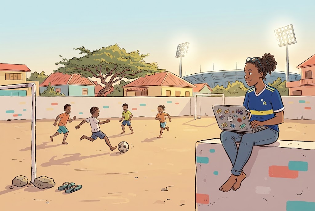 Cartoon of children playing football with stone goals on a Curacao neighbourhood pitch, watched by a woman with a laptop, with stadium floodlights glowing on the horizon