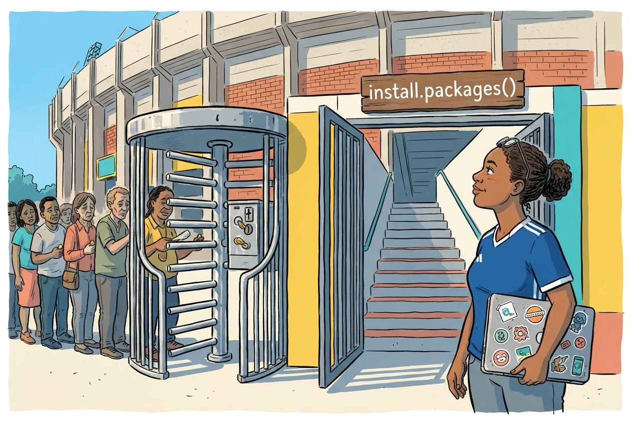 Cartoon of a researcher choosing between a coin-operated turnstile and an open stadium gate marked install.packages()