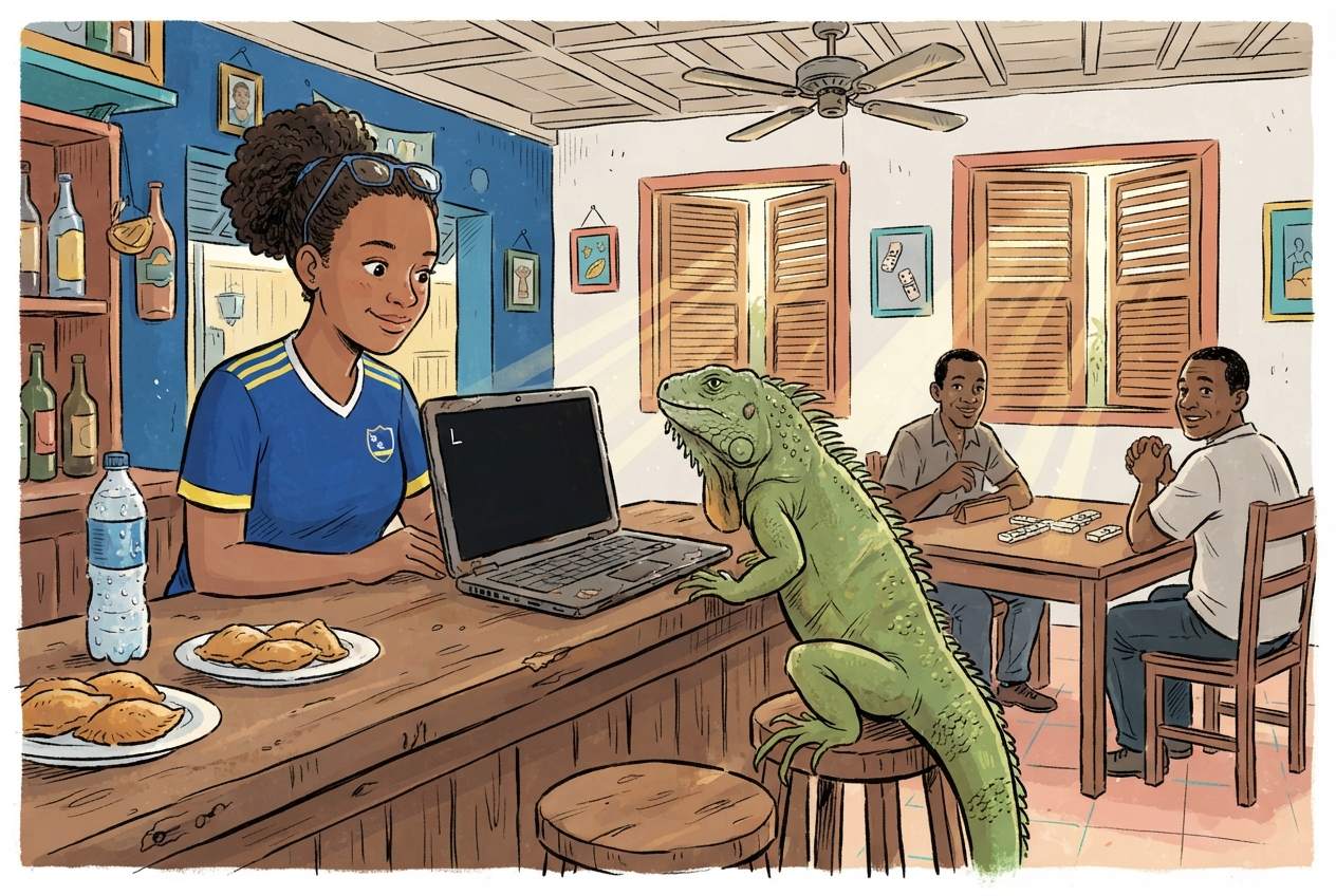 Cartoon of a researcher opening the R console on a laptop at a neighbourhood bar while an iguana watches from the next stool