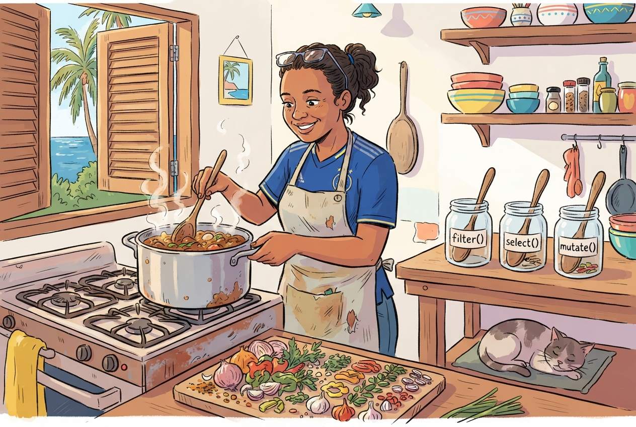 Cartoon of a researcher cooking in a Caribbean kitchen with three labelled jars for the dplyr verbs