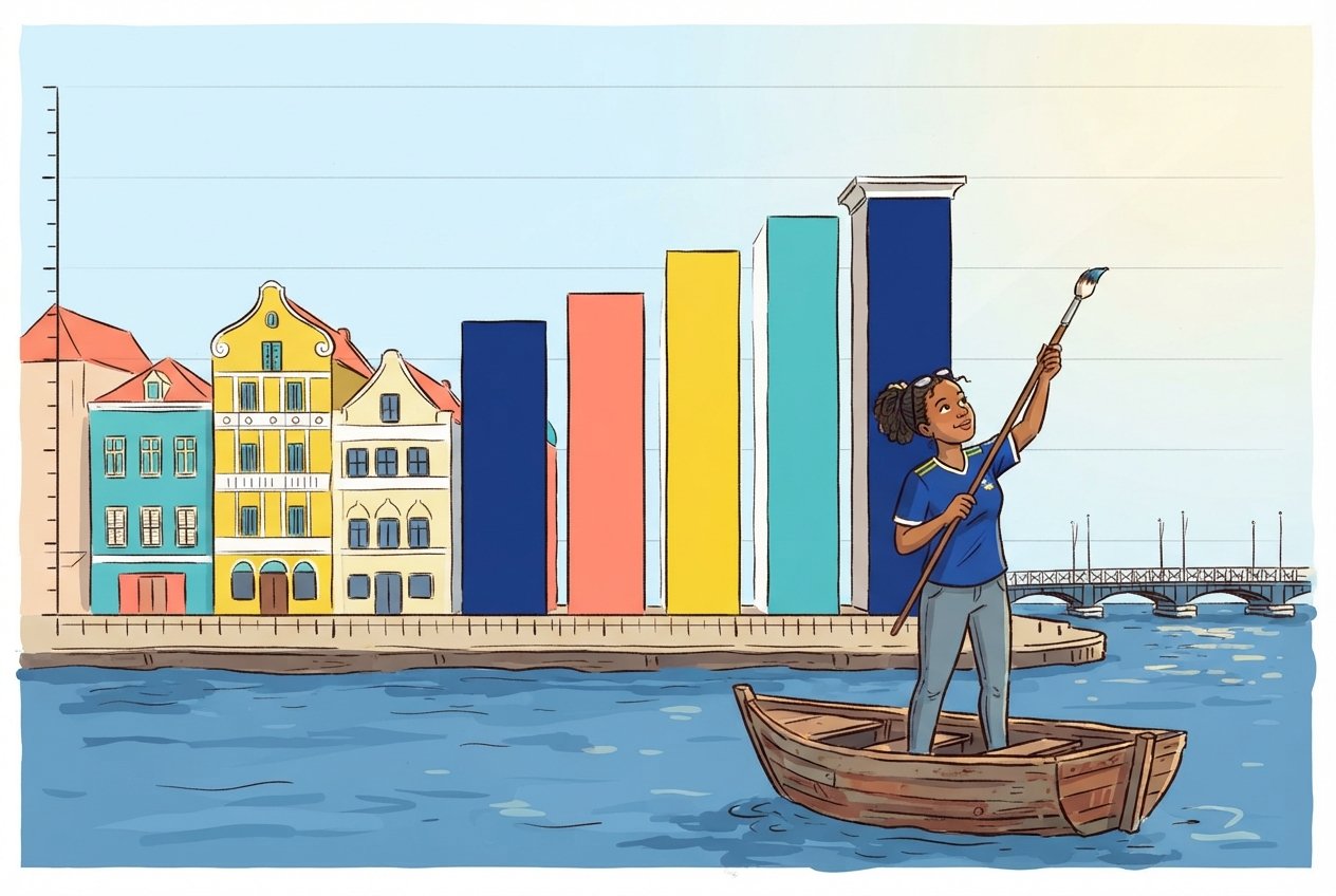 Cartoon of the coloured waterfront houses of Willemstad drawn as the bars of a bar chart, with a researcher painting them into order