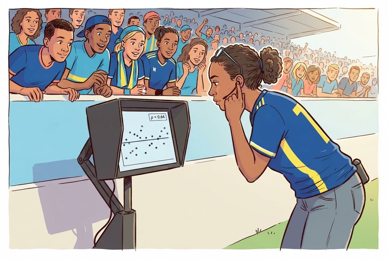 Cartoon of a researcher at a pitchside video review monitor showing a flat regression line and a null result