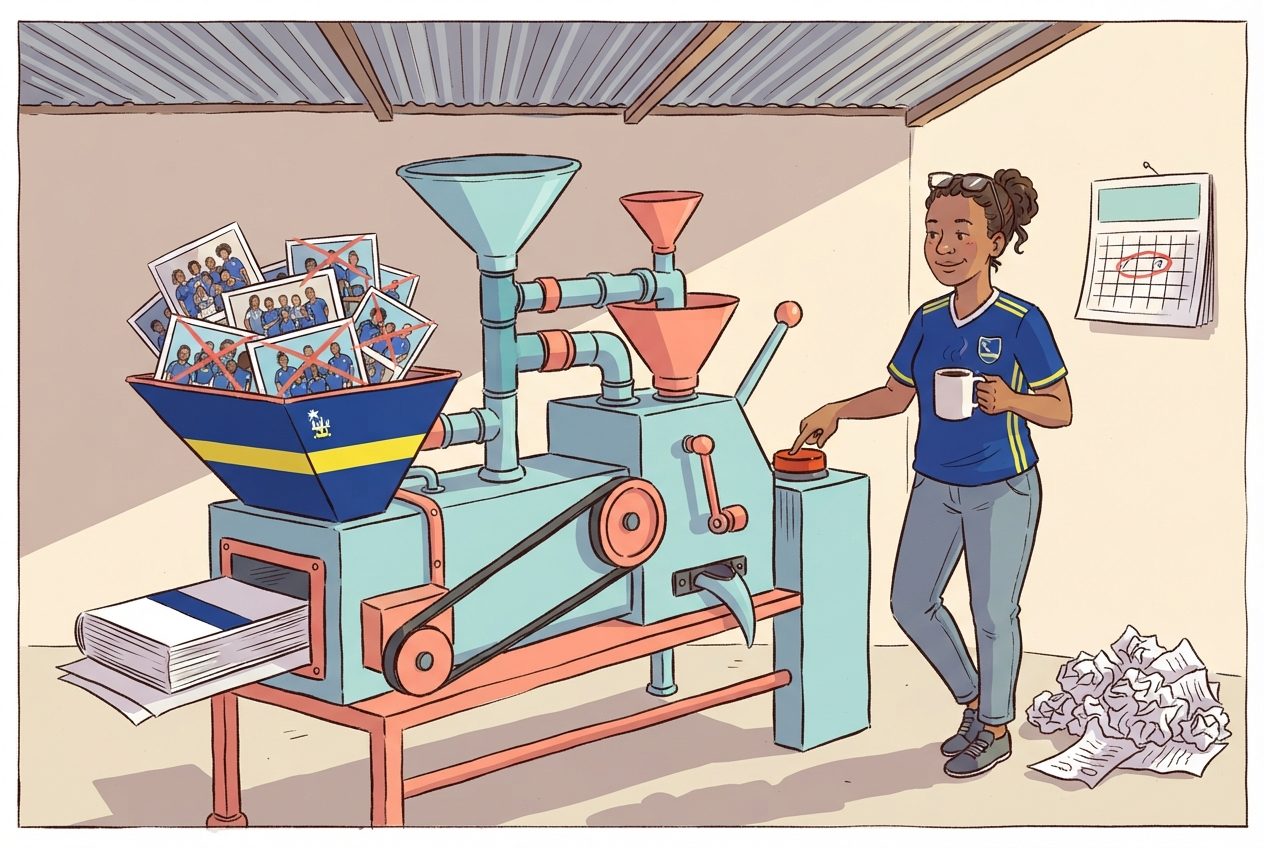 Cartoon of a researcher pressing one button on a machine that turns a changed squad list into a finished report
