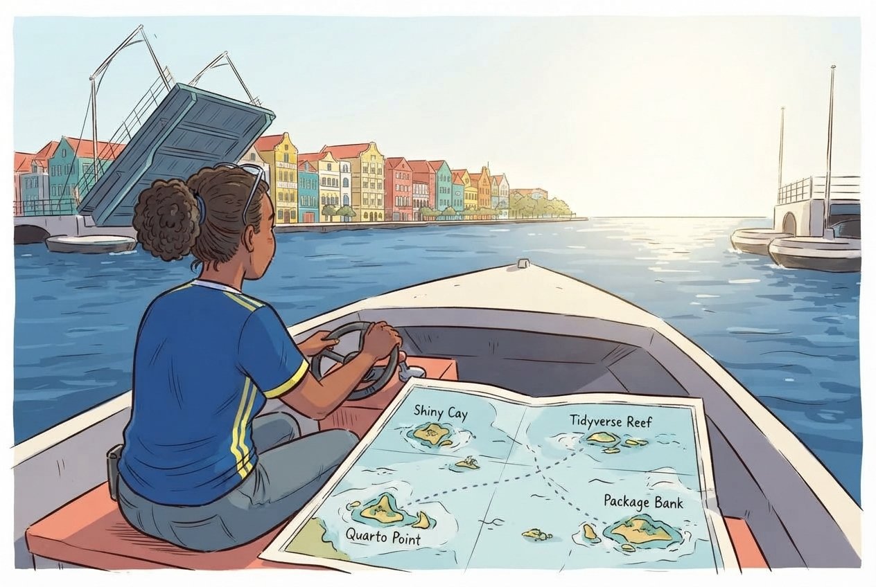 Cartoon of a researcher on a small boat leaving Willemstad harbour with a chart of R learning destinations