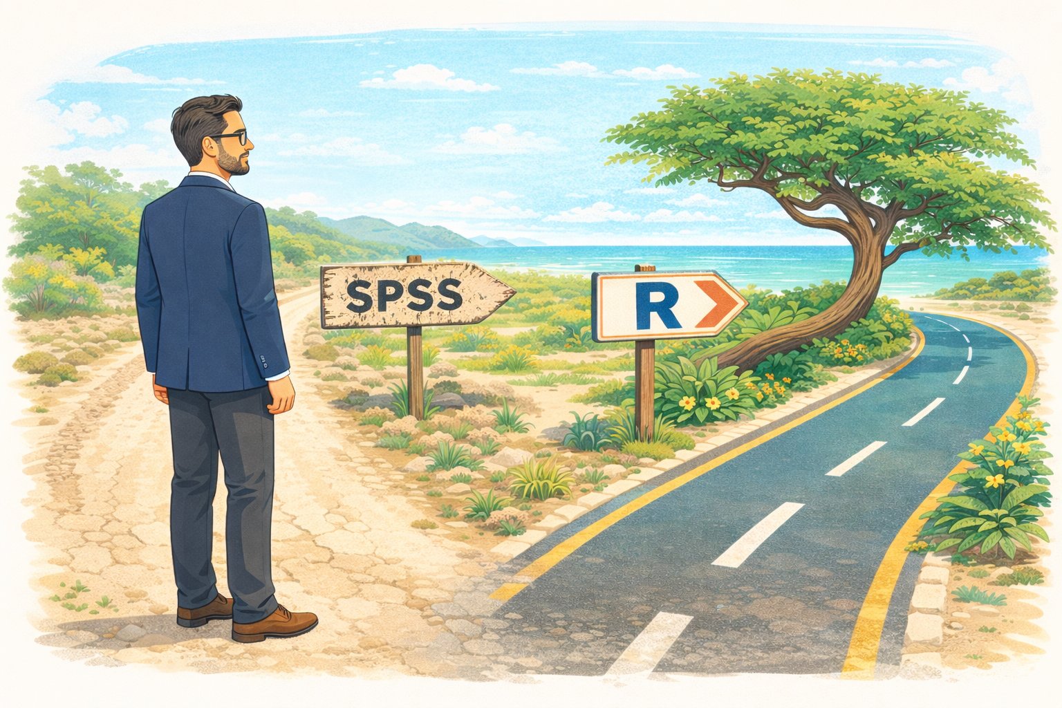 Cartoon of a researcher at a Caribbean crossroads choosing between a cracked SPSS path and a paved R path leading to the coast