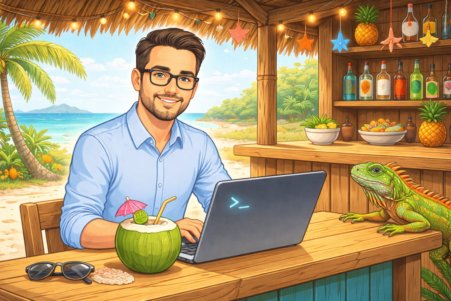 Cartoon of a researcher at a Caribbean beach bar opening his laptop to the R console, with an iguana watching from the counter