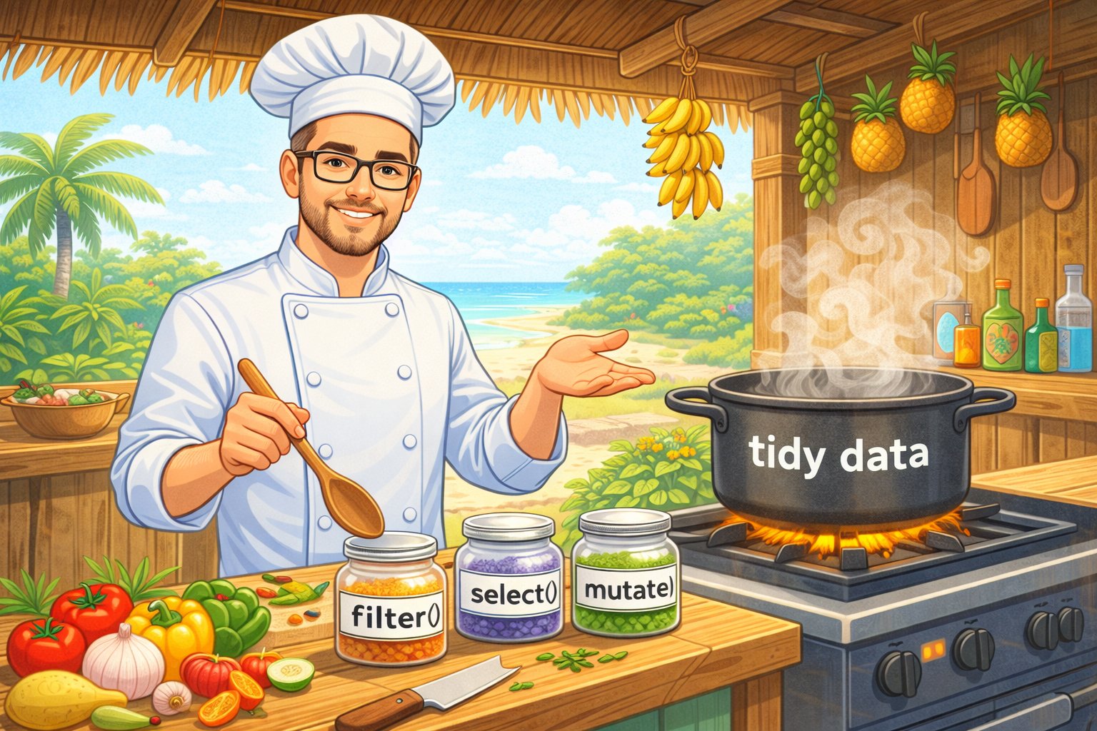 Cartoon of a researcher as a Caribbean chef with jars labeled filter(), select(), and mutate(), cooking a pot of tidy data