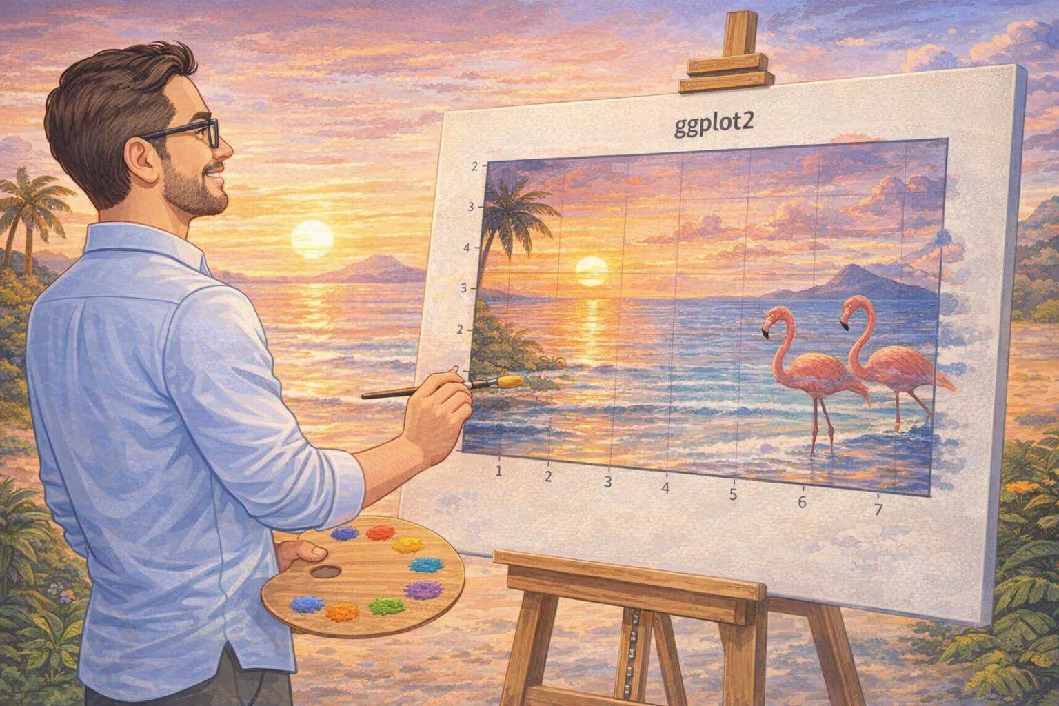 Cartoon of a researcher painting a tropical sunset onto a ggplot2 canvas with flamingos and plot axes