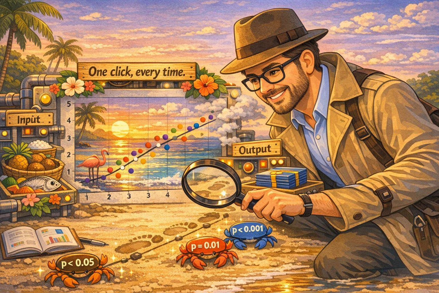 Cartoon of a researcher as a beach detective following a regression line in the sand while crabs carry p-values on their shells