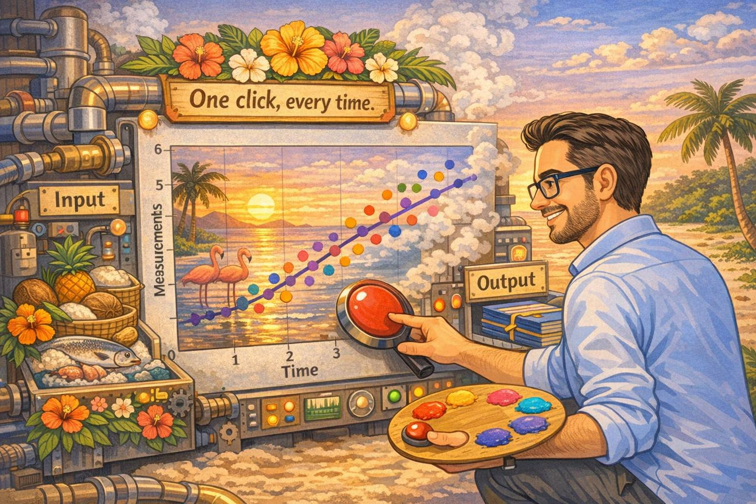 Cartoon of a researcher pressing a big red button on a tropical machine that converts raw data into a finished report