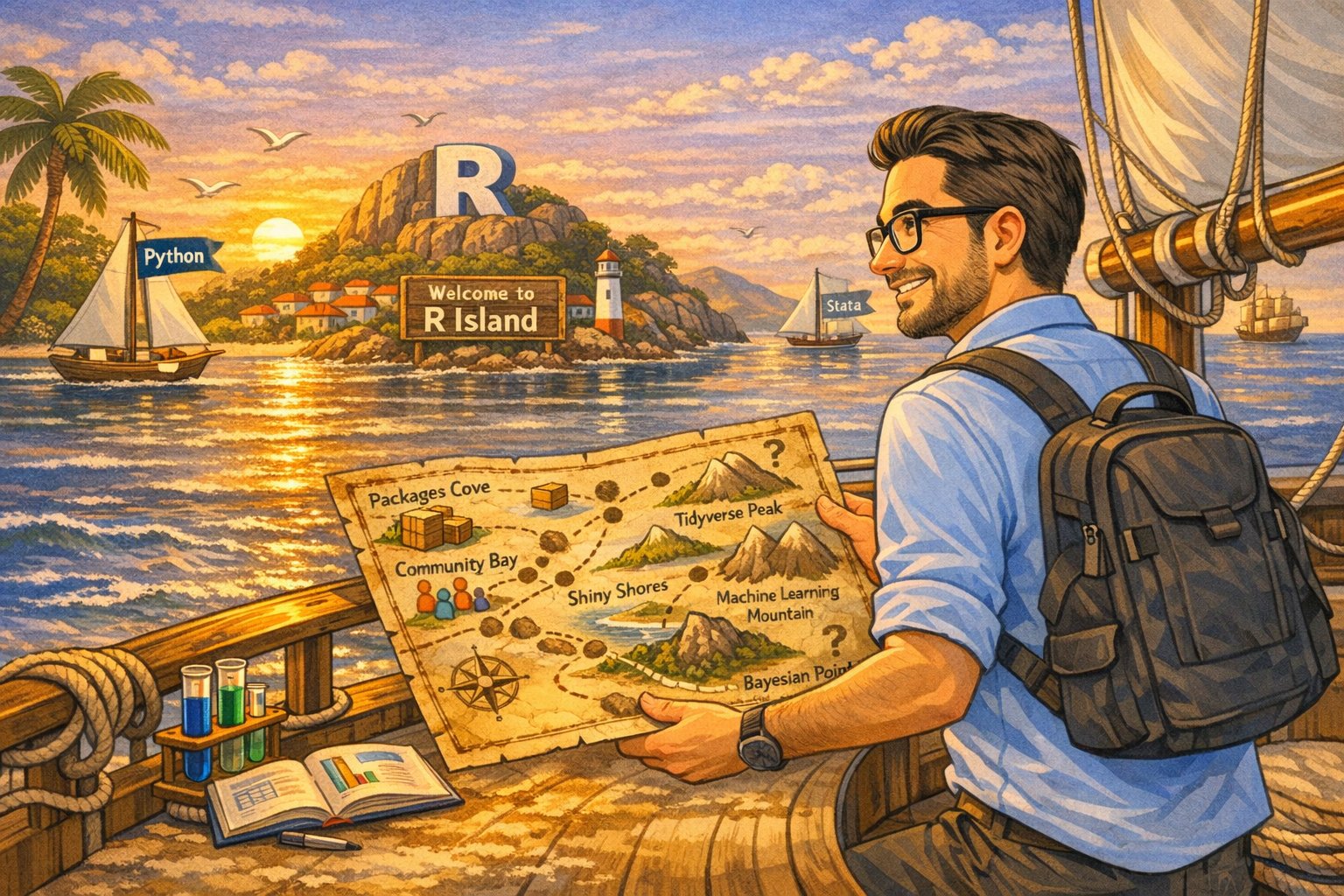 Cartoon of a researcher on a sailboat studying a treasure map of R learning destinations like Packages Cove and Tidyverse Peak